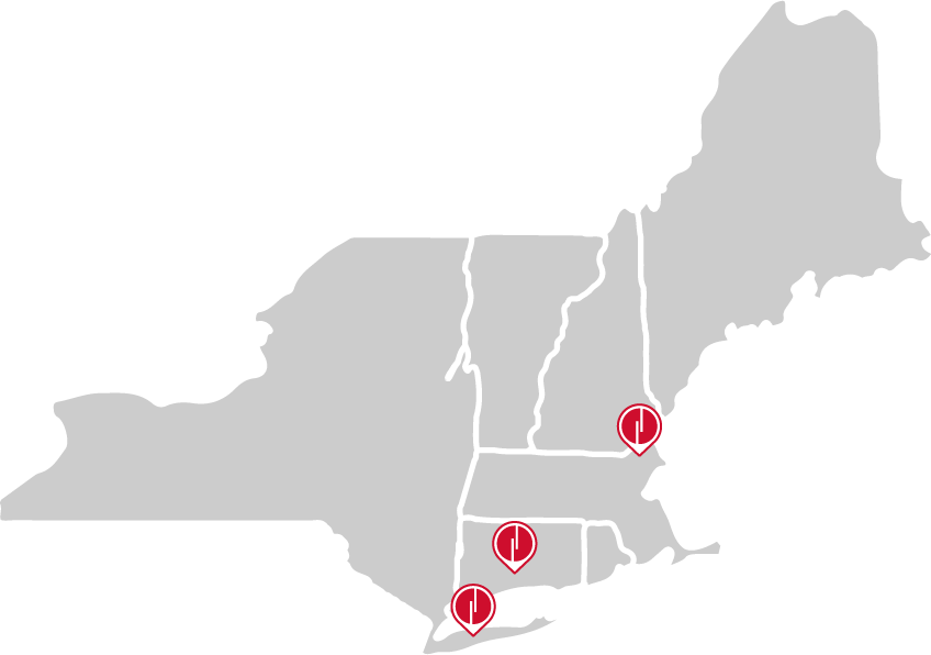 Static map of northeastern states that includes three markers for Abel Womack locations.